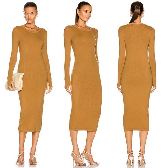 Enza Costa Tencel Cashmere Ribbed Midi Long Sleeve Camel Dress XS Crewneck - Picture 1 of 8